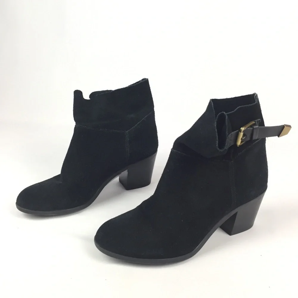 Franco Sarto Black Suede Leather Bootie Gold Buckle Sz 5.5